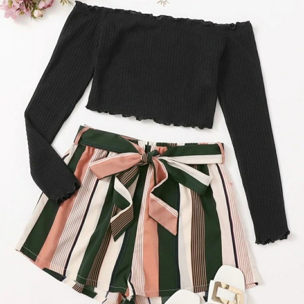 Lettuce Trim Rip Knit Bardot Tee Set